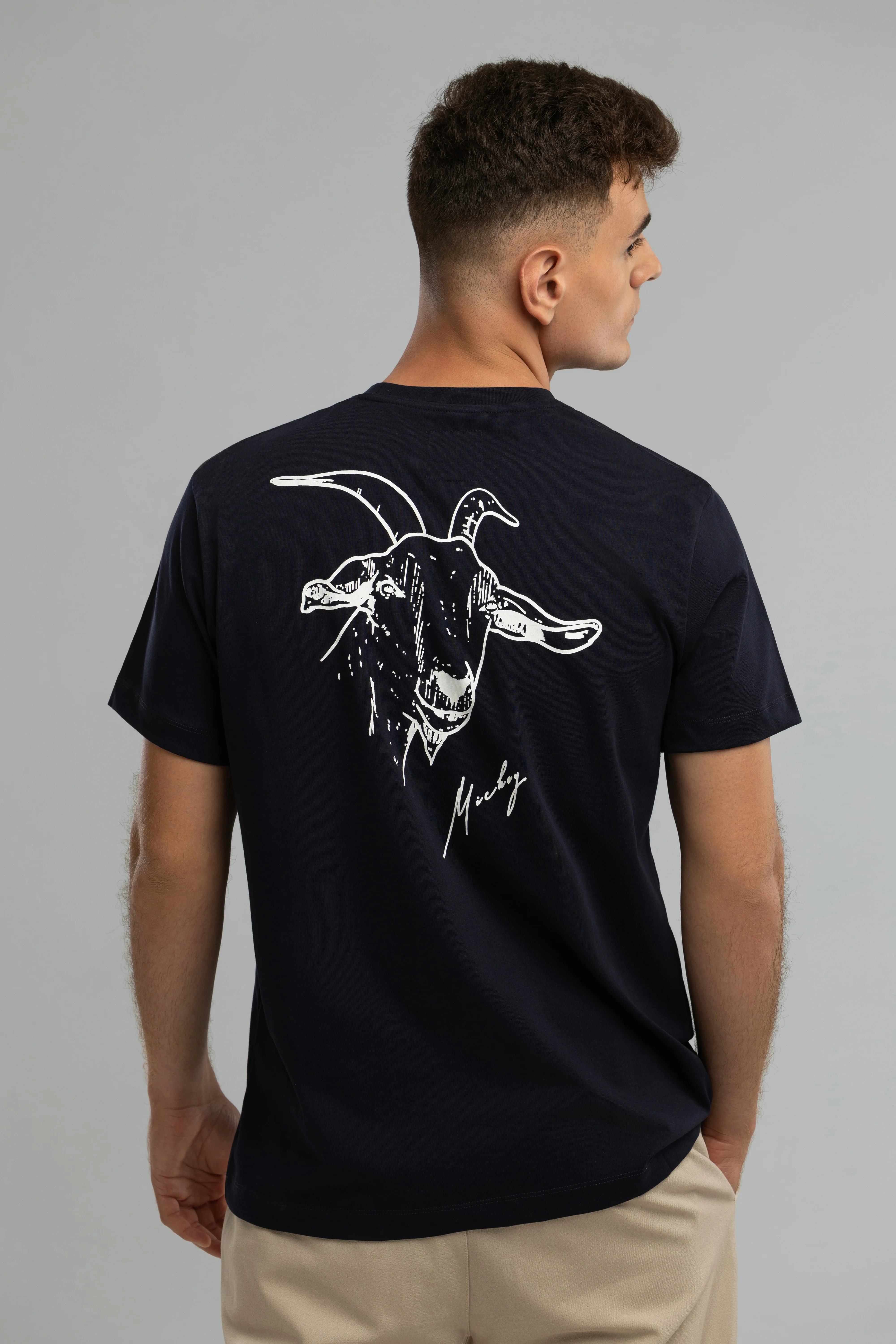 Mickey the Goat Inspired Navy Blue T-Shirt with Side Wilderness Cooking Logo - Image 3
